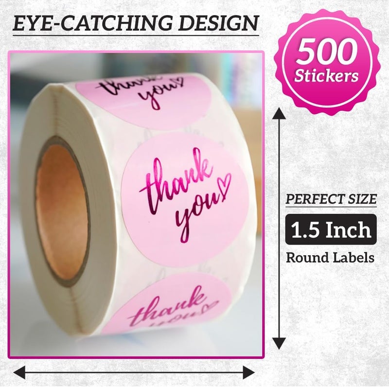 IBAKE 500 Pcs Thank You Stickers Roll – 1.5” Pink Round Labels with Purple Hot Stamping Foil Script & Heart Design, Elegant Small Business Packaging Stickers for Bags, Boxes, Envelopes & Party Favors - Image 3
